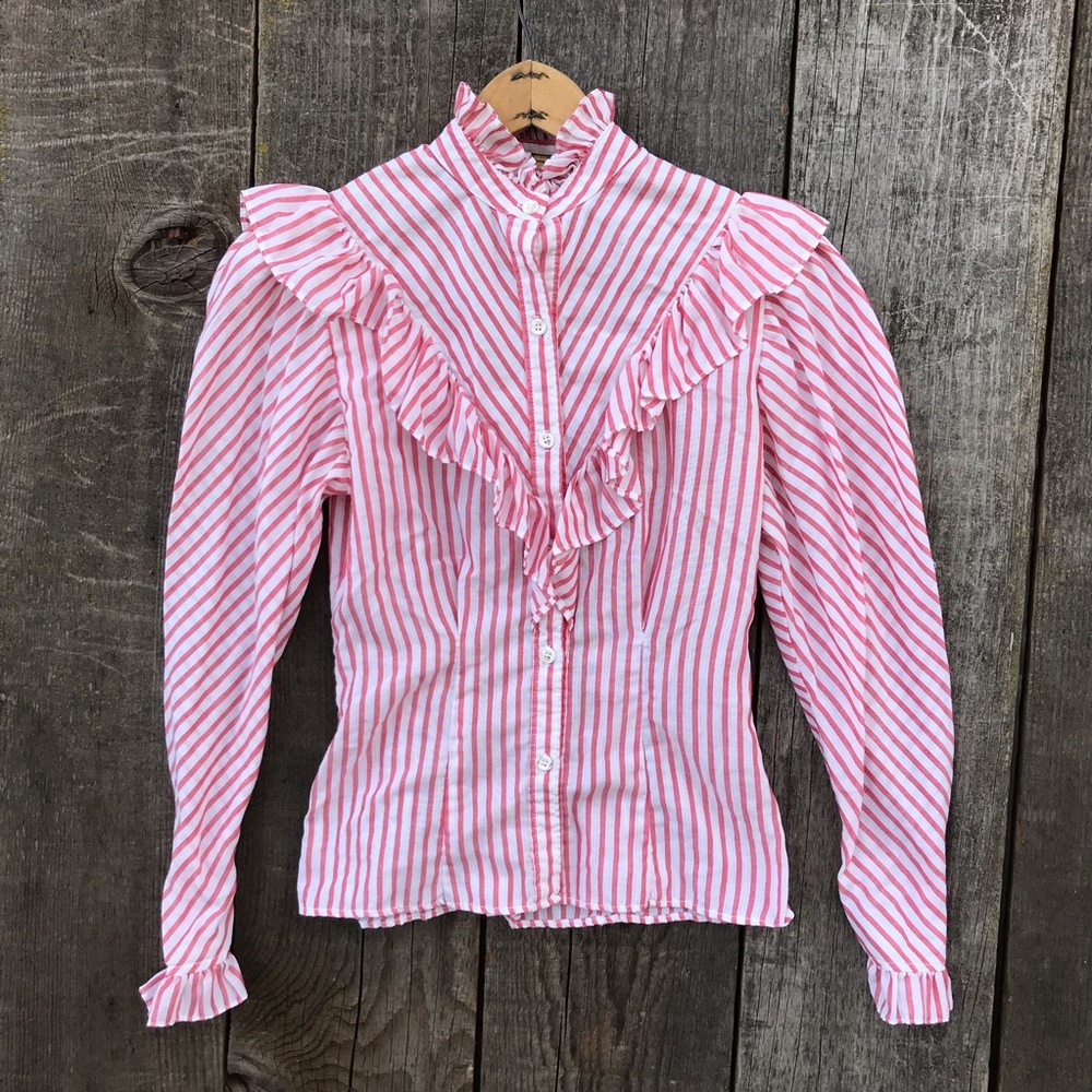 Vintage 80s Victorian Western Candy Stripe High Neck Ruffled Blouse Small